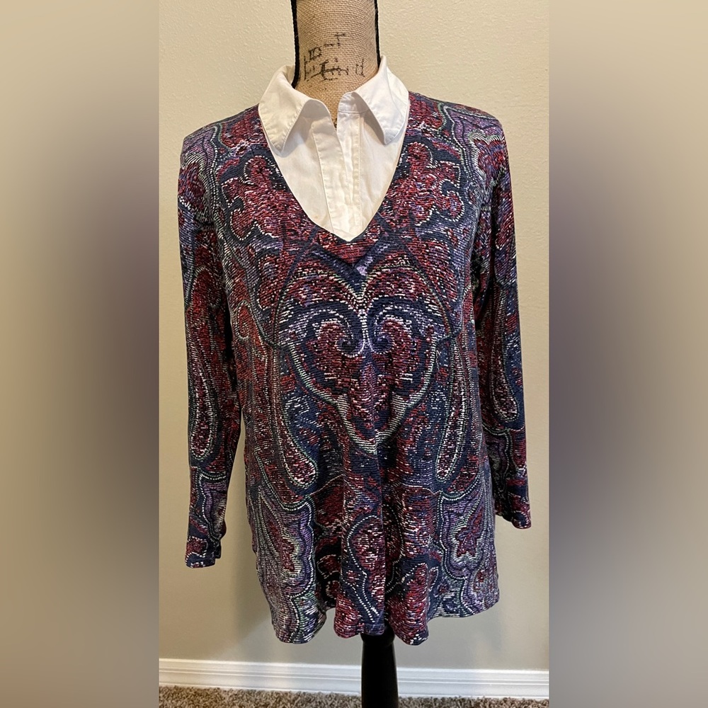 Evan Picone  Size XL.   Multi color one piece, illusion of under collared shirt